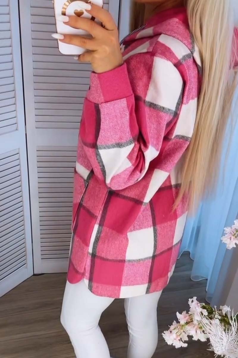 Women's Loose Plaid Color Block Hooded Jacket