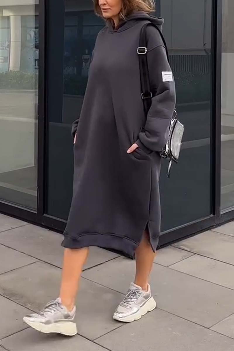 Women's Casual Hem Slit Hooded Sweatshirt Dress