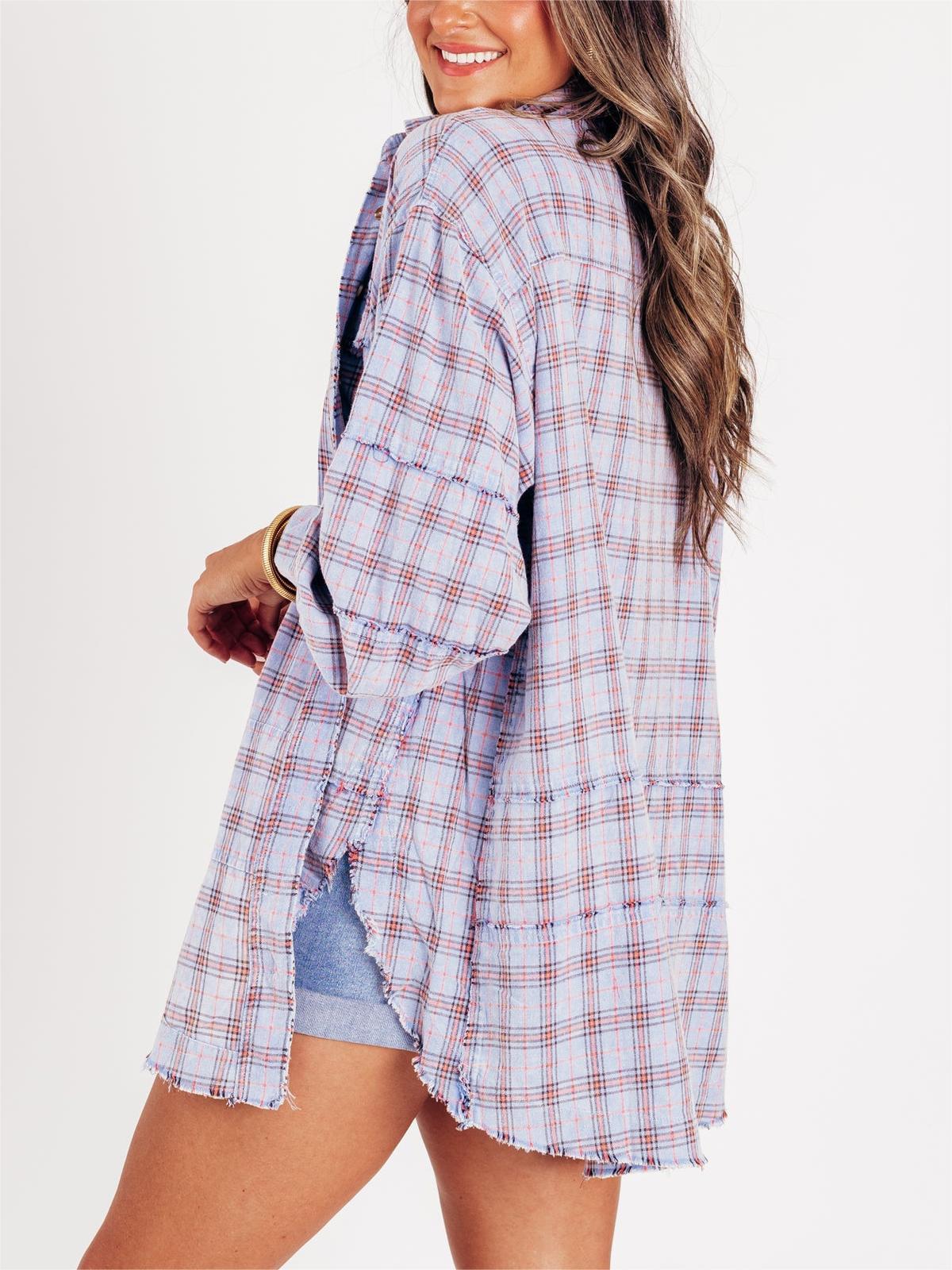 Women's Lapel Long Sleeve Plaid Shirt