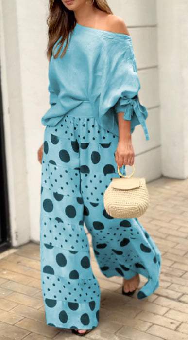 New Off-shoulder Bow Cuff Top Printed Wide Leg Pants Suit