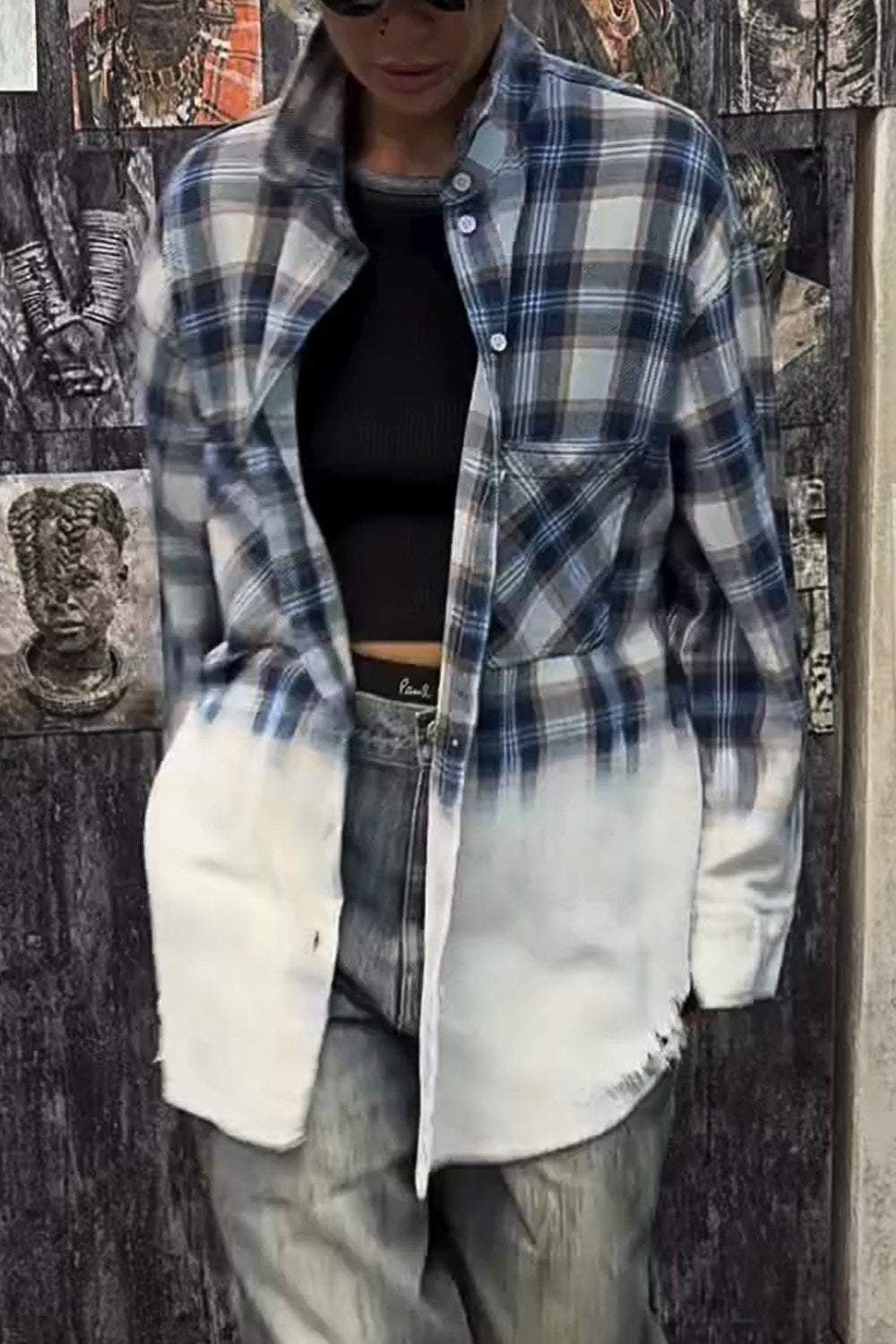 Women's Casual Loose Plaid Gradient Shirt Jacket