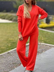 Women's Sweater Knitted Solid Color Pattern Top and Pants Two-piece Set