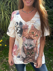 Women's V-neck Short-sleeved Cat Print Casual Top