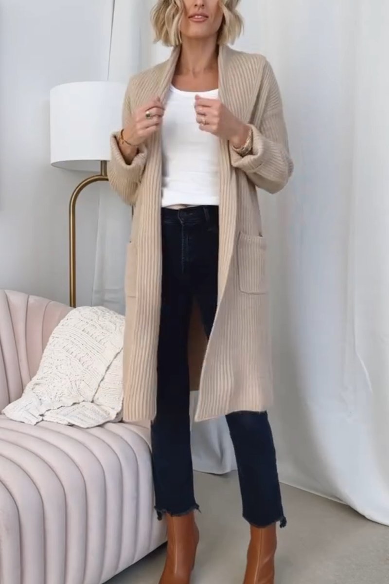 Women's solid color long knitted striped cardigan