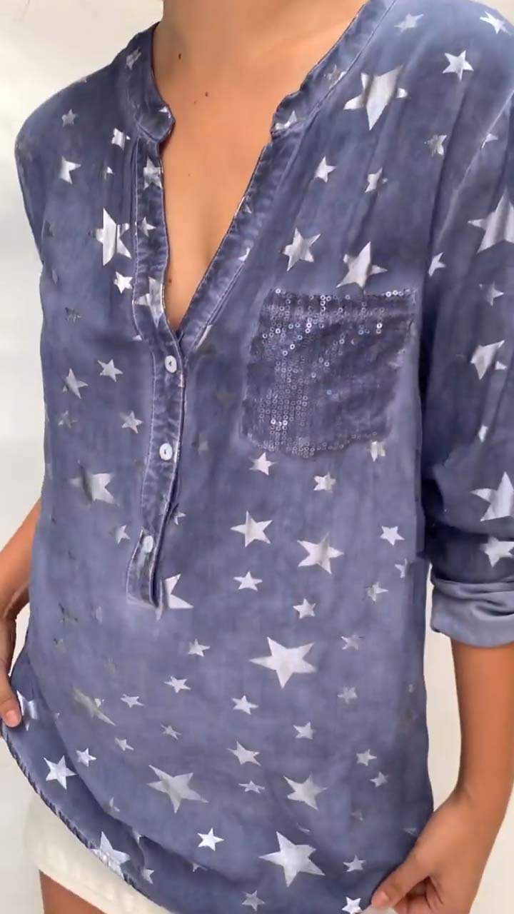 Women's Casual Star Print Sequin Pocket Long Sleeve Top