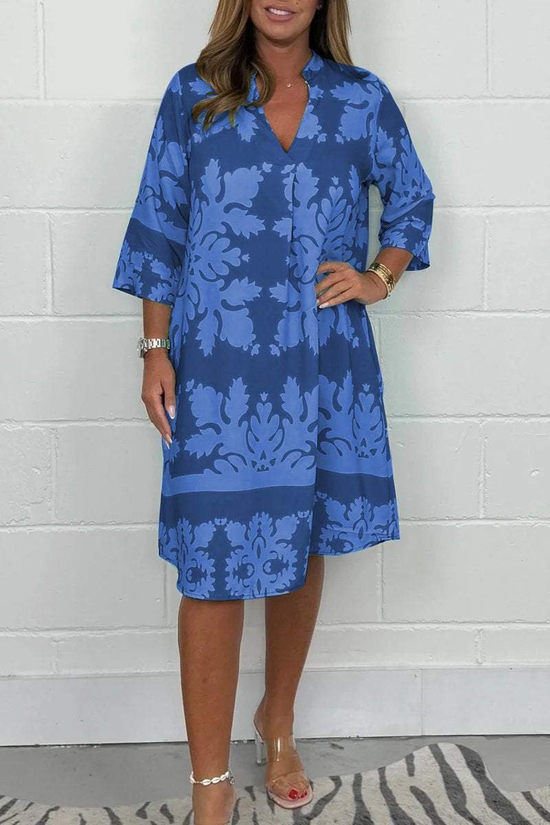 Women's V neck patterned tunic long sleeve dress