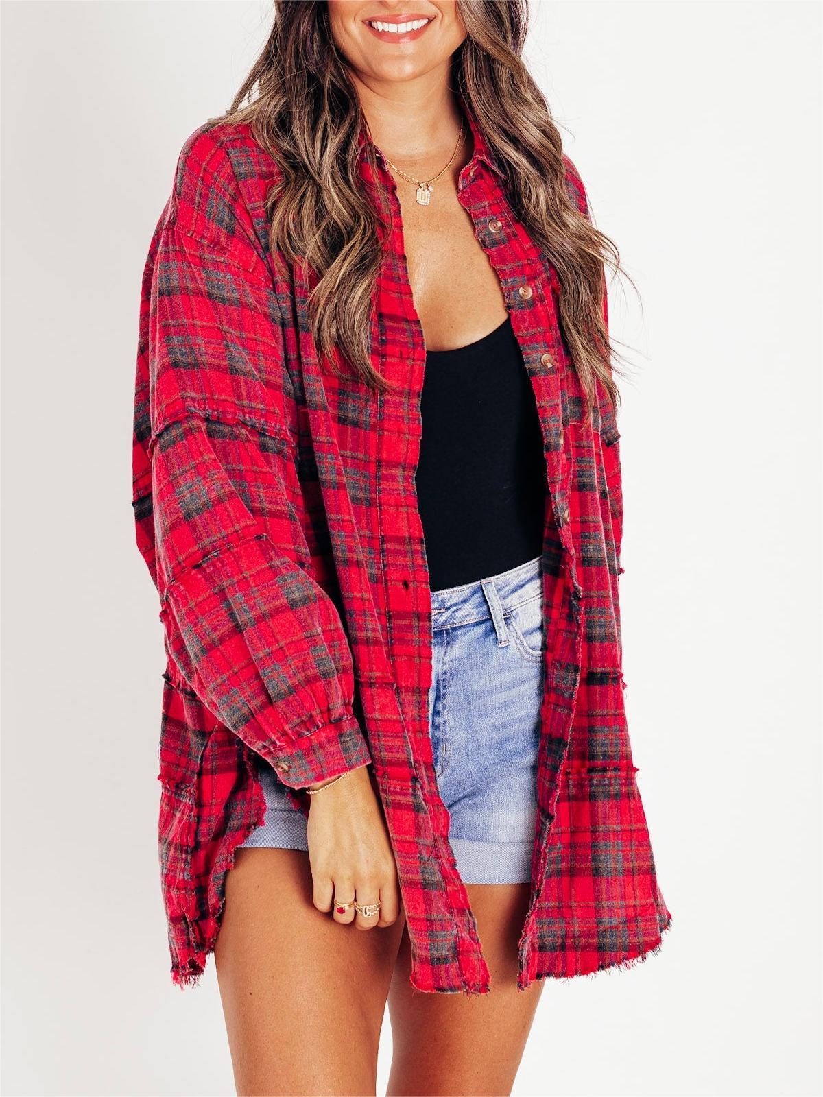 Women's Lapel Long Sleeve Plaid Shirt