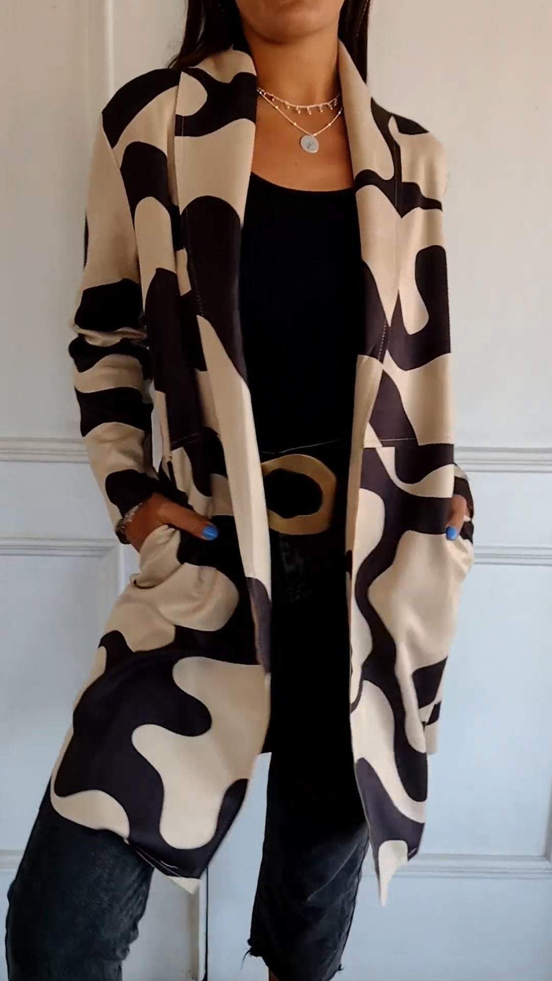 Contrast Print Long Lapel Cardigan