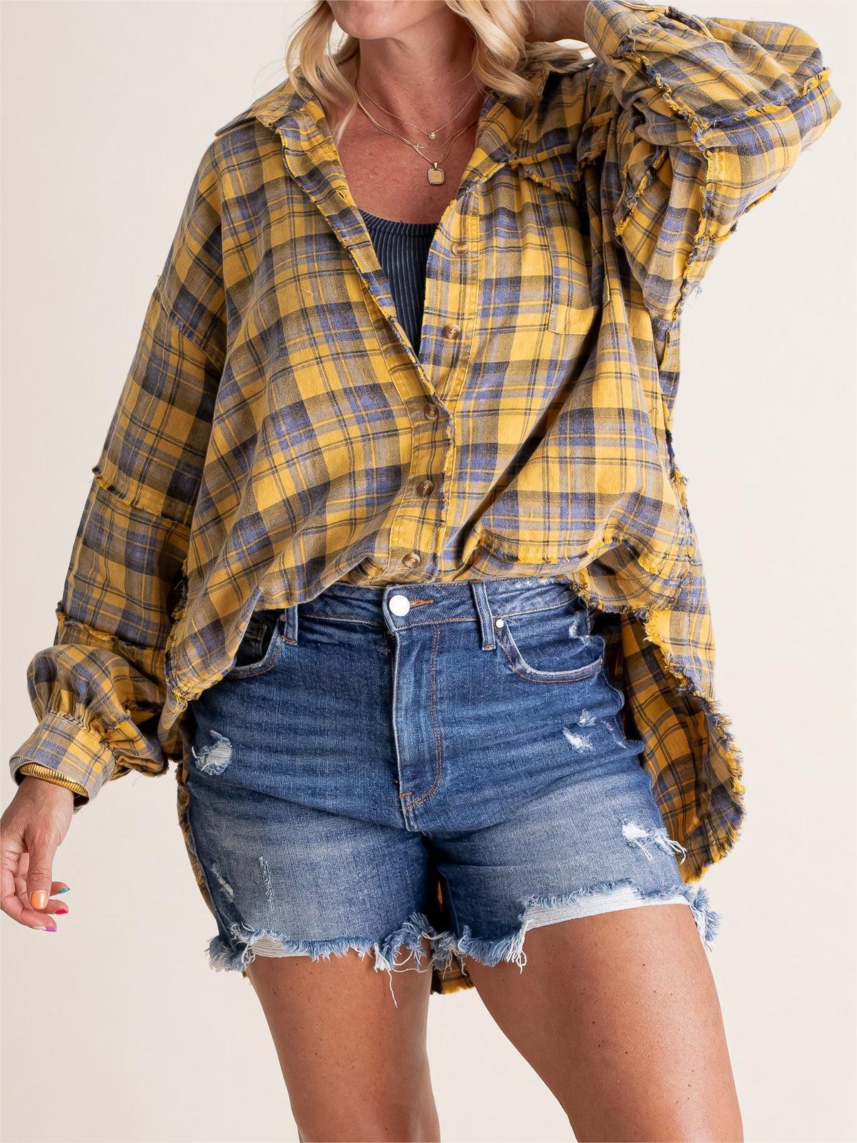 Women's Lapel Long Sleeve Plaid Shirt