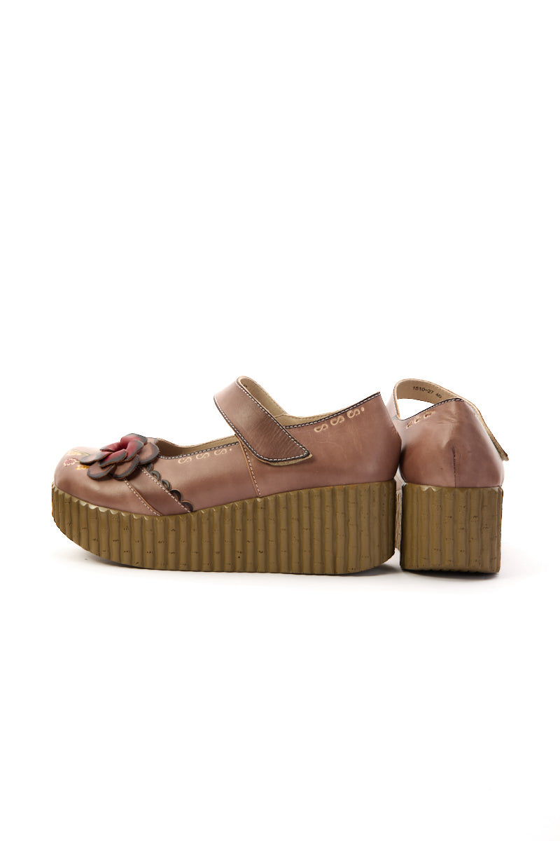 Soffia | Darya Floral Leather Wedge Mary Jane - Khaki