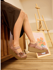 Soffia | Darya Floral Leather Wedge Mary Jane - Khaki