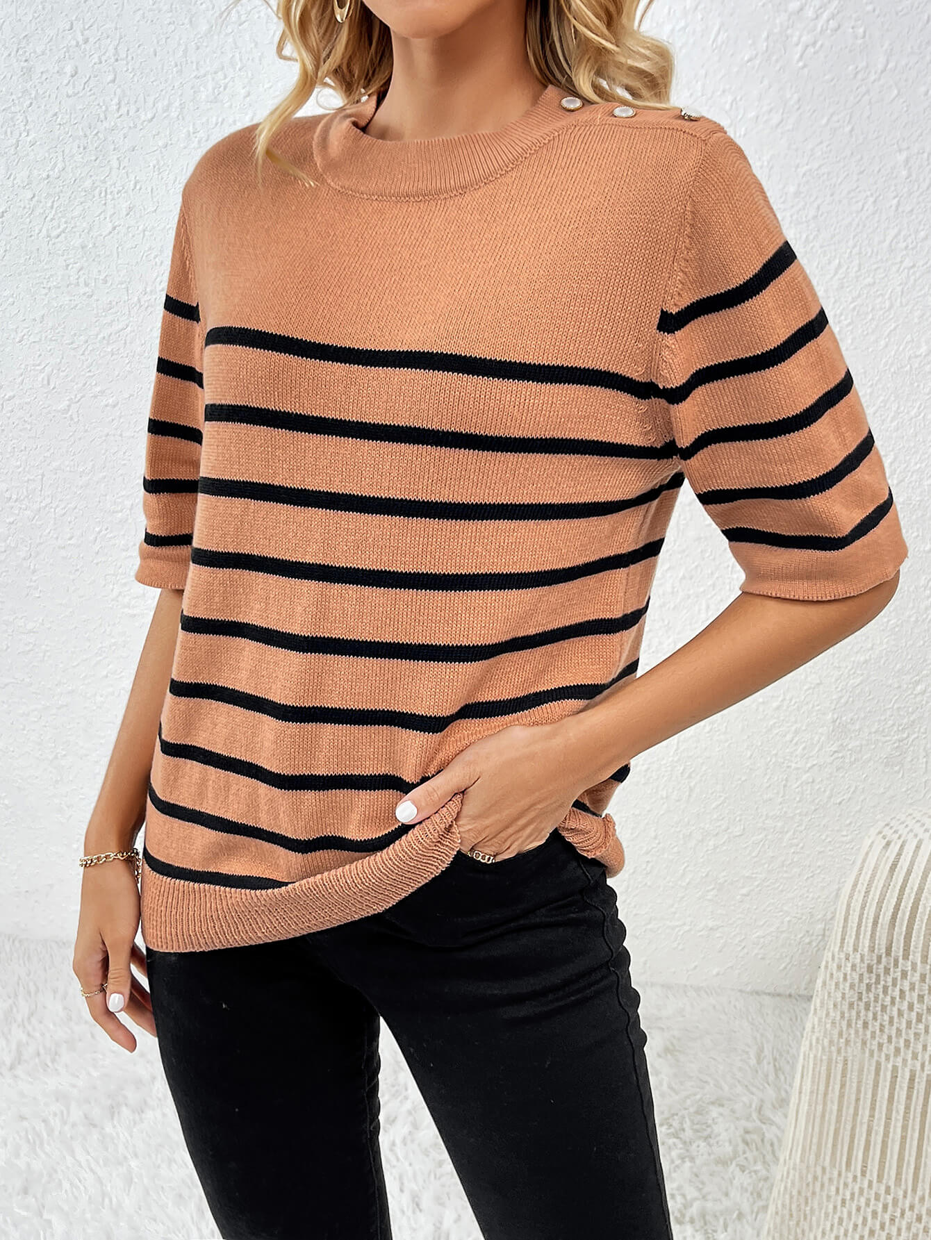 Regatta Striped Crew Neck Short Sleeve Knit Top - Khaki