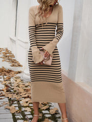 Eloise Striped Bodycon Sweater Midi Dress - Khaki