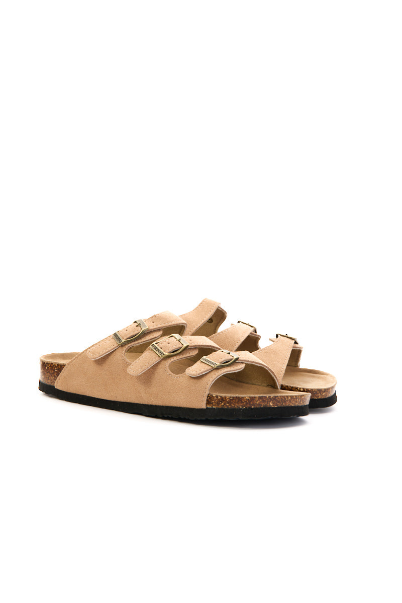 Maibulun | Signature Tri Strap Suede Footbed Sandal - Khaki