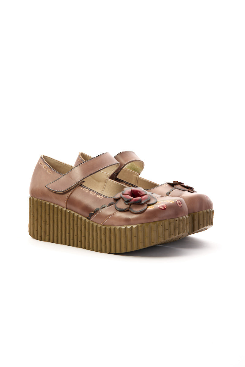 Soffia | Darya Floral Leather Wedge Mary Jane - Khaki