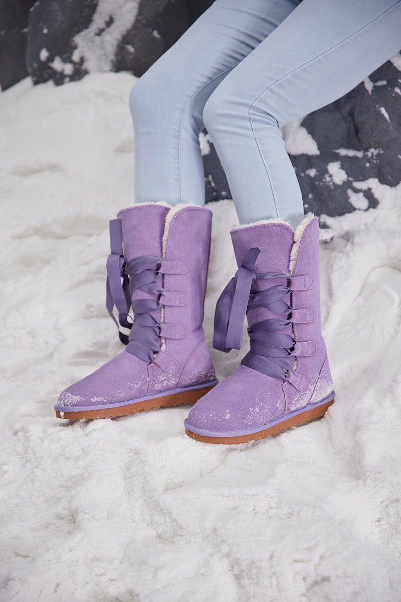 SMAIBULUN Ugg | Ribbon Lace-Up Faux Fur-lined Suede Boot - Lavender