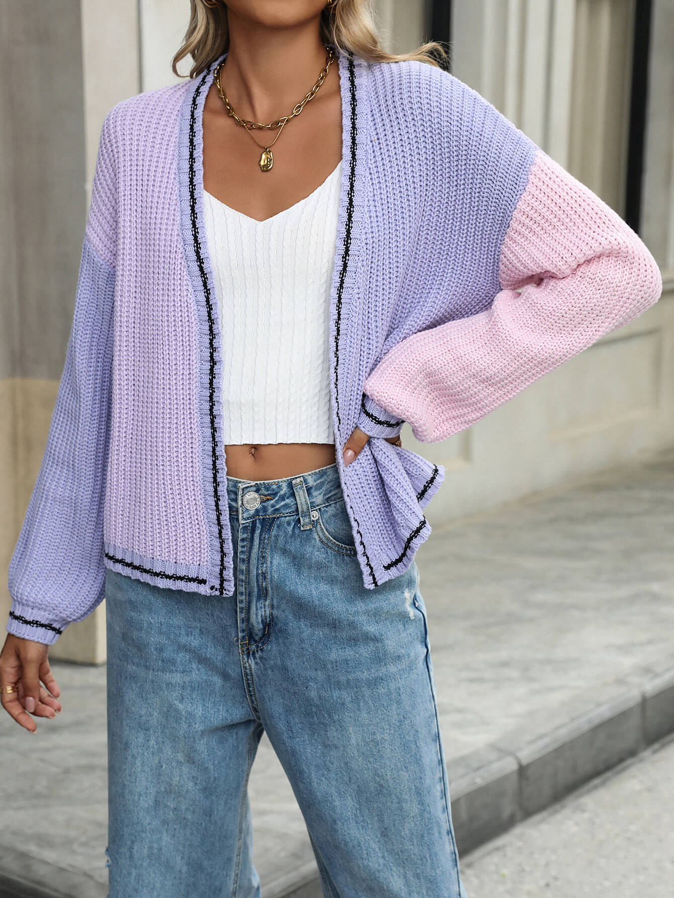 Christine Contrast Sweater Cardigan - Lavender