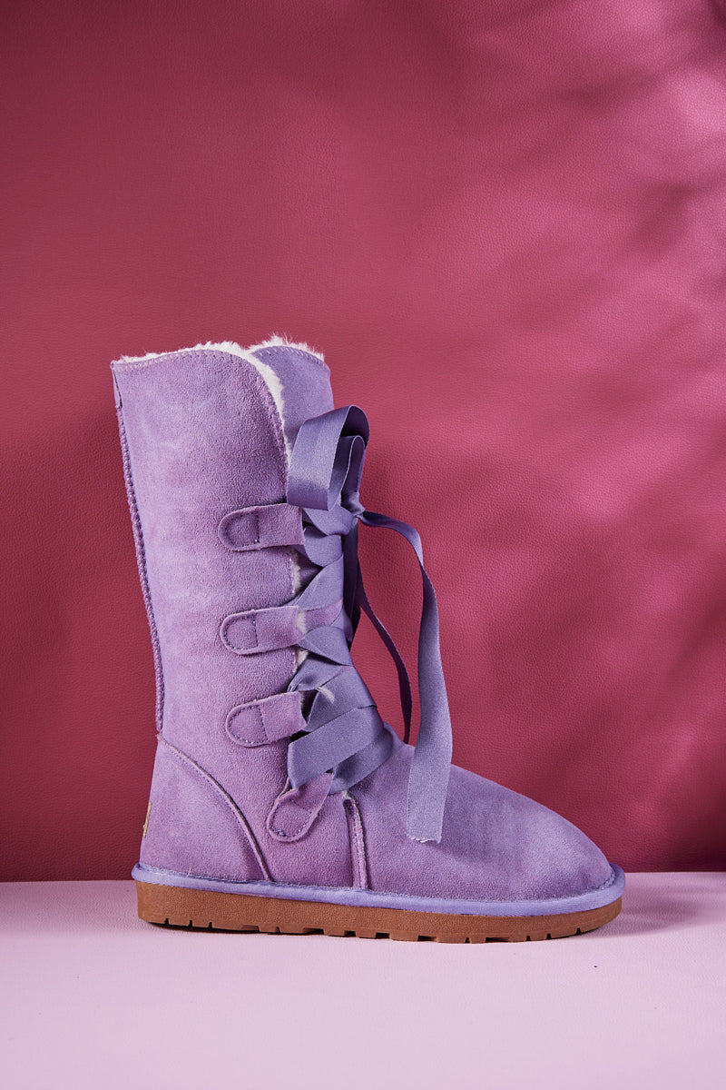 SMAIBULUN Ugg | Ribbon Lace-Up Faux Fur-lined Suede Boot - Lavender