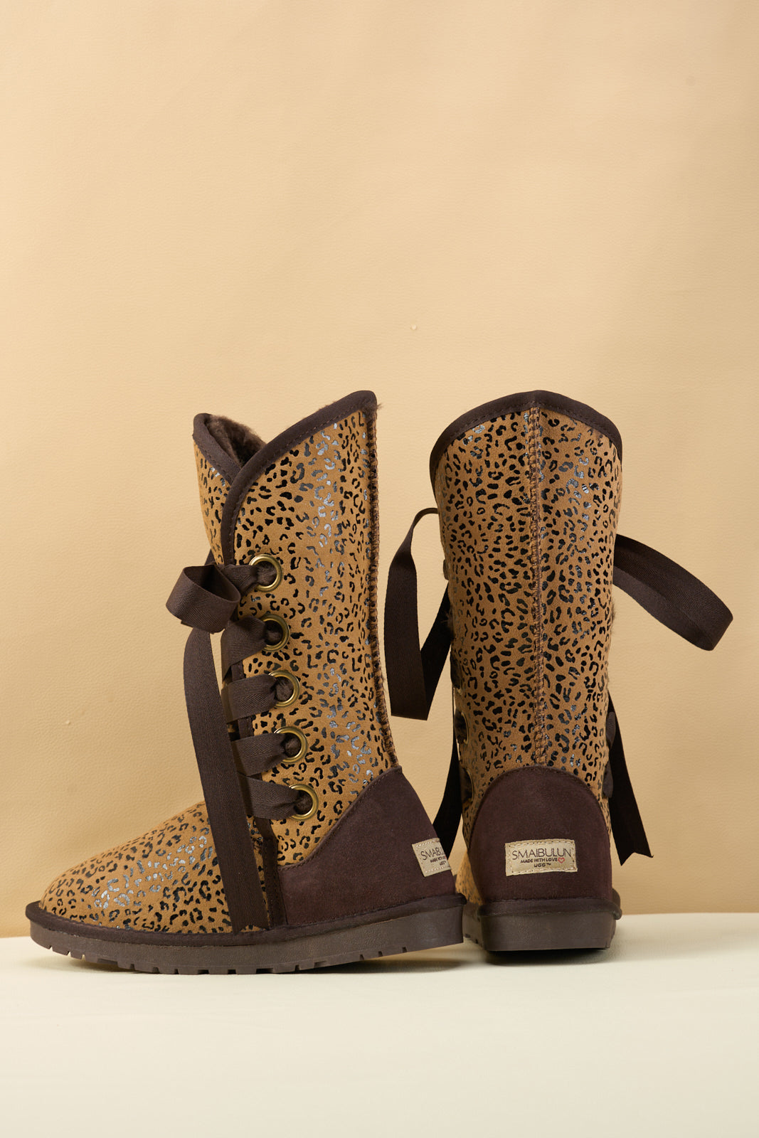 SMAIBULUN Ugg | Ribbon Lace-Up Faux Fur-lined Suede Boot - Leopard