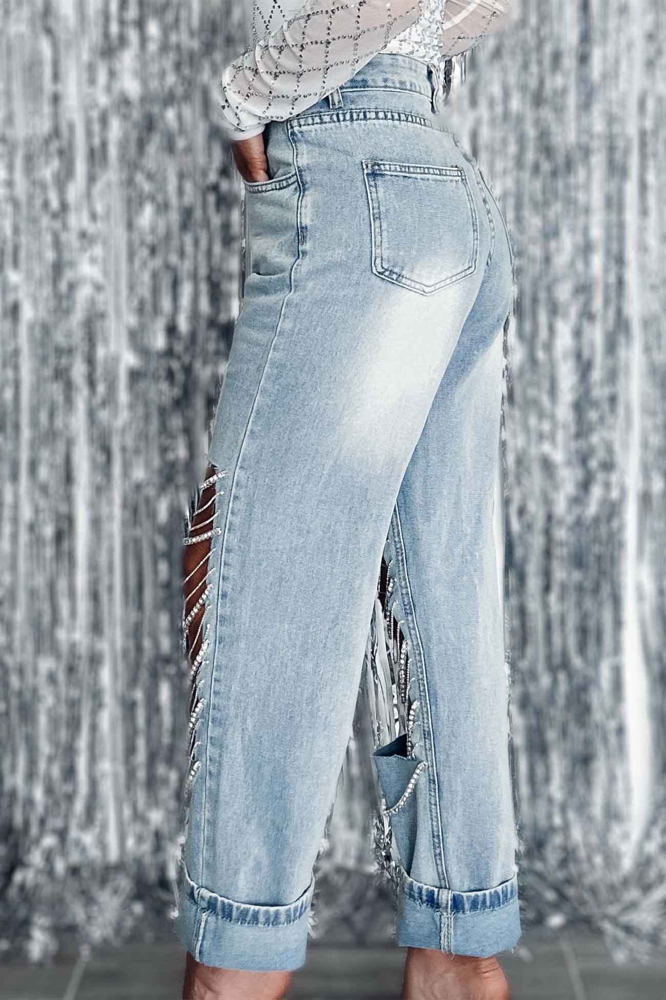 Rhinestone Chain Ripped Jeans