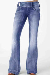 Retro Side Button Mid Rise Flares Jeans