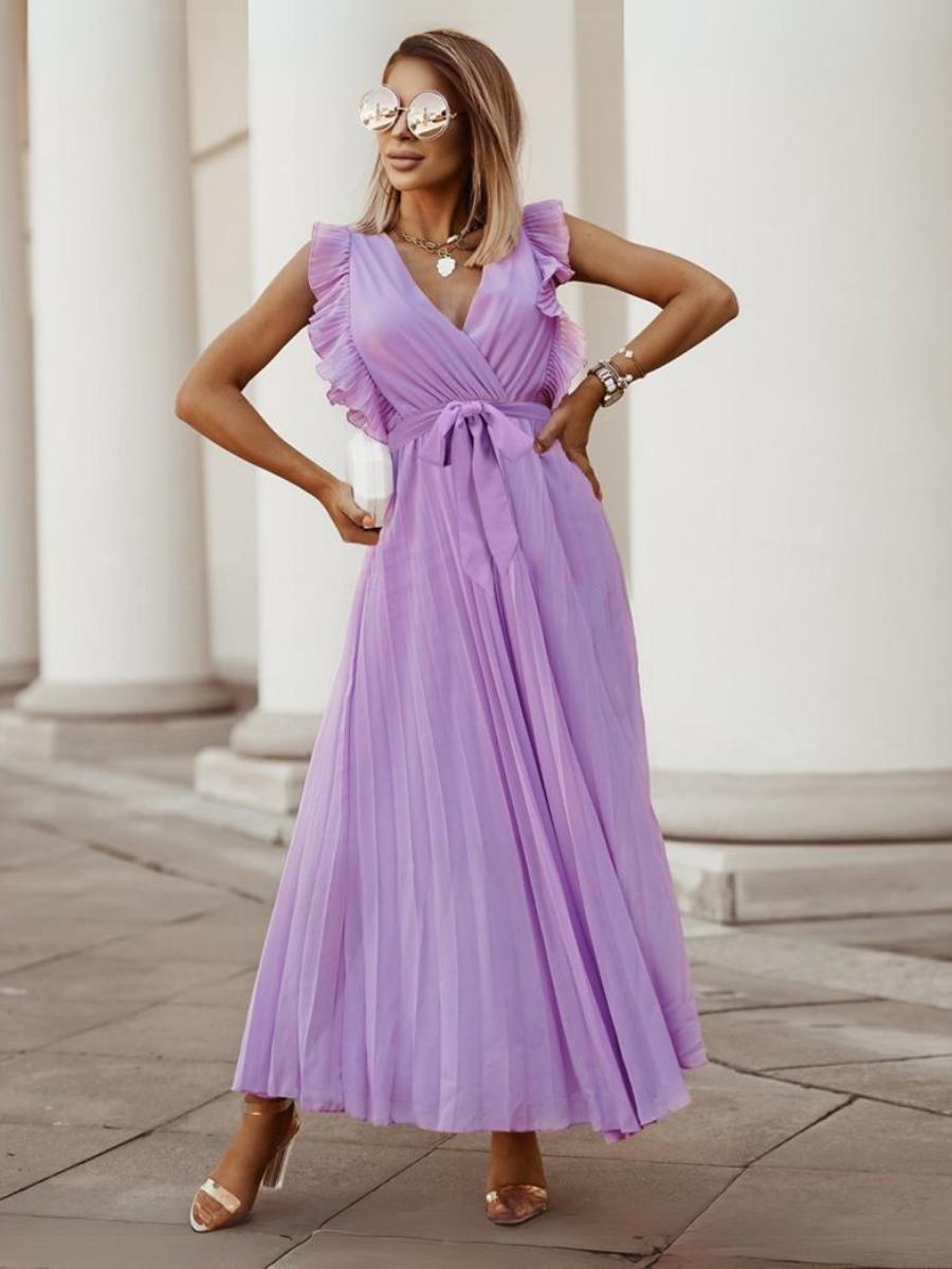 Elisha Plisse Ruffle Shoulder Midi Dress - Lilac