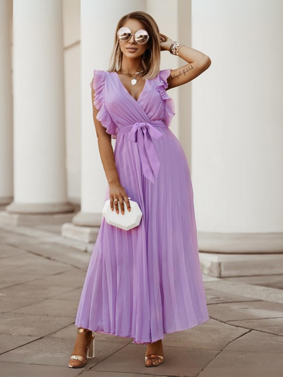 Elisha Plisse Ruffle Shoulder Midi Dress - Lilac