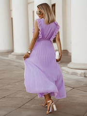 Elisha Plisse Ruffle Shoulder Midi Dress - Lilac