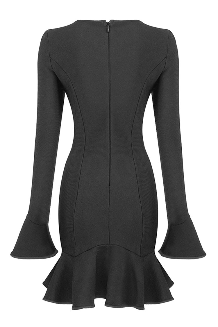 Long Sleeve Cutout Front Ruffle Hem Bandage Mini Dress - Black