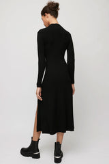 Long Sleeve High Neck High Slit Cashmere Sweater Midi Dress - Black