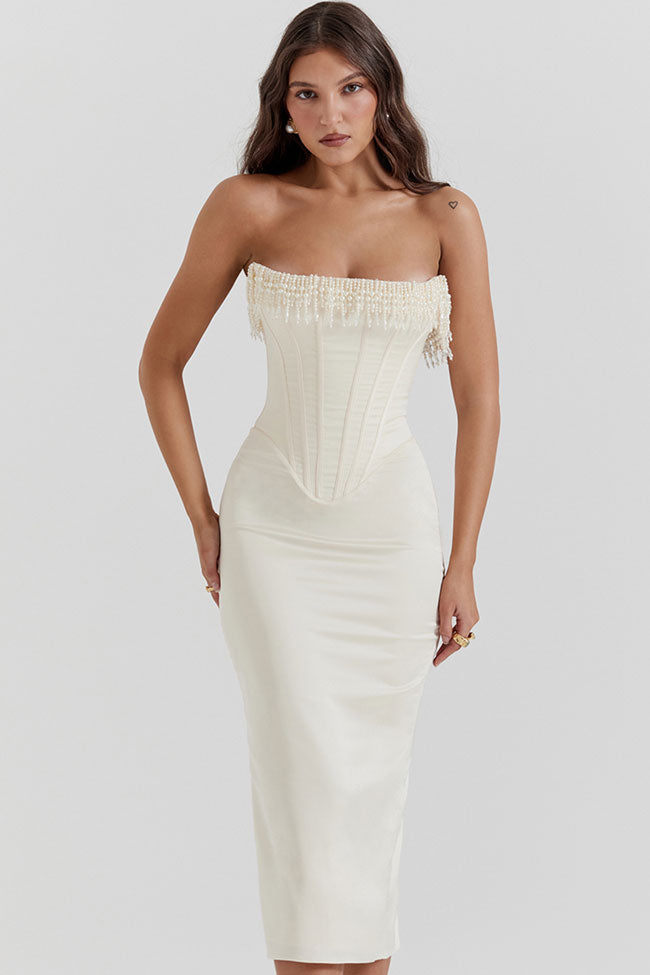 Luxurious Beaded Fringe Lace Up Corset Strapless Satin Cocktail Midi Dress