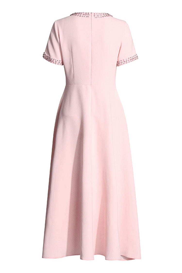 Luxurious Crystal Crew Neck Short Sleeve Bow Trim Crepe Cocktail Midi Dress