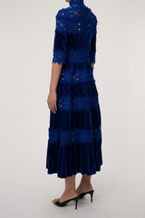 Luxurious High Neck Half Sleeve Ruched Lace Velvet Evening Maxi Dress - Royal Blue