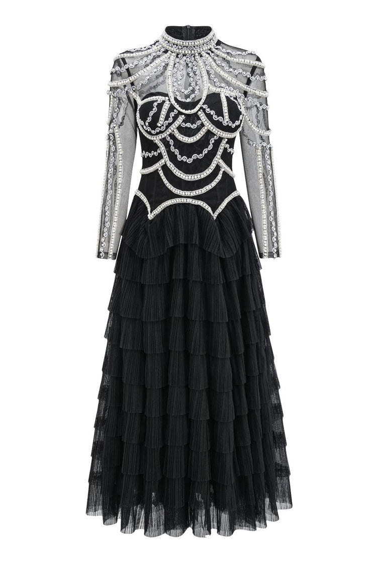 Luxury Crystal Pearl Beaded Drop Waist Tiered Tulle Maxi Evening Dress