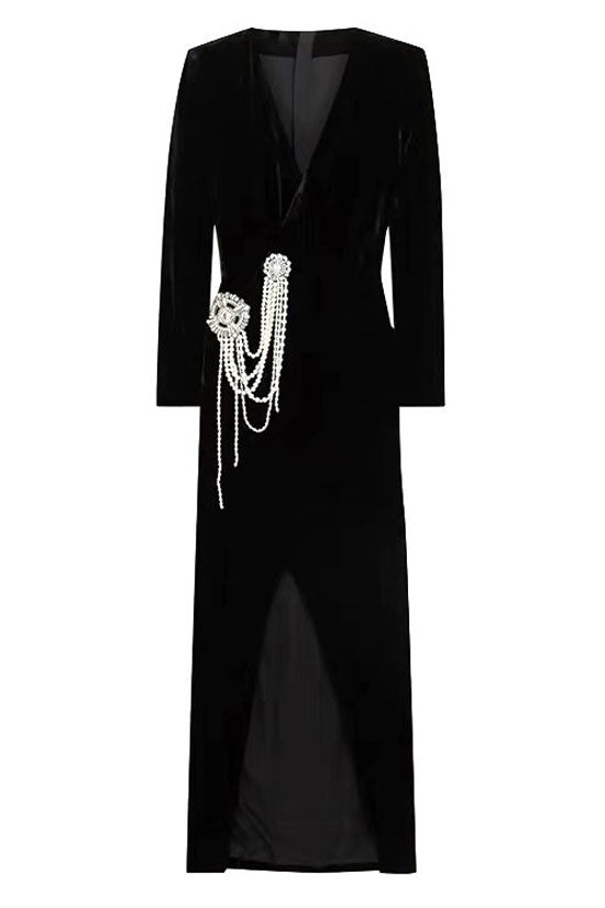 Luxury Deep V Long Sleeve Pearl Embellished Split Velvet Evening Maxi Dress - Black