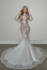 Luxury High Neck Long Sleeve Sheer Mesh Rhinestone Evening Maxi Dress - White