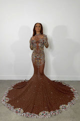 Luxury High Neck Long Sleeve Sheer Mesh Rhinestone Evening Maxi Dress - Brown