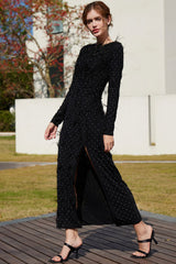 Luxury Rhinestone Faux Feather Trim Split Mesh Evening Maxi Dress - Black