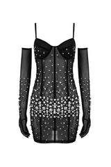 Luxury Rhinestone Glove Cami Bustier Sheer Mesh Party Micro Mini Dress