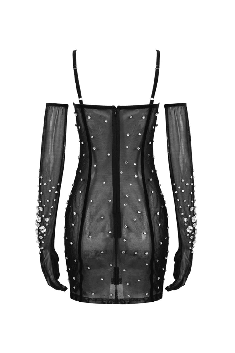 Luxury Rhinestone Glove Cami Bustier Sheer Mesh Party Micro Mini Dress