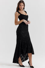 Luxury Textured Floral Ruched Corset Sleeveless Fishtail Evening Dress - Black