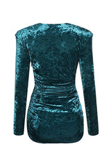 Luxury Velvet Plunge Neck Long Sleeve Ruched Bodycon Party Mini Dress