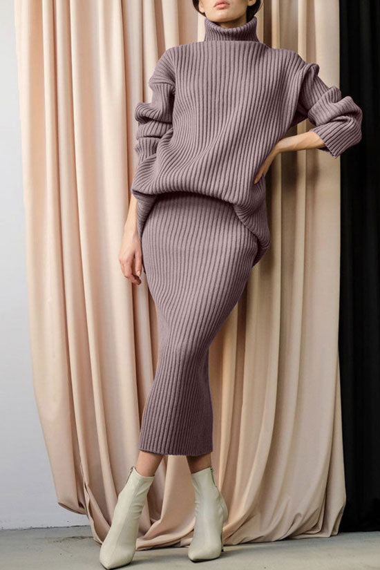 Luxury Winter Rib Knit Turtleneck Oversized Sweater Midi Two Piece Dress - Purple