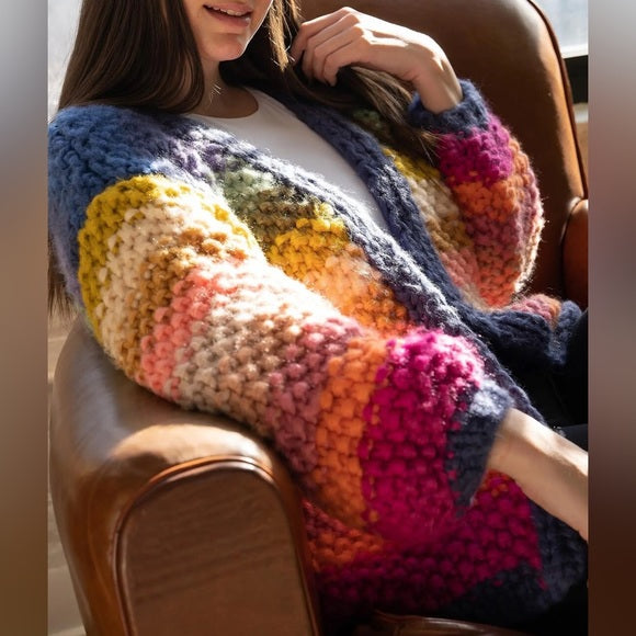 Colored Lantern Sleeve Knitted Cardigan