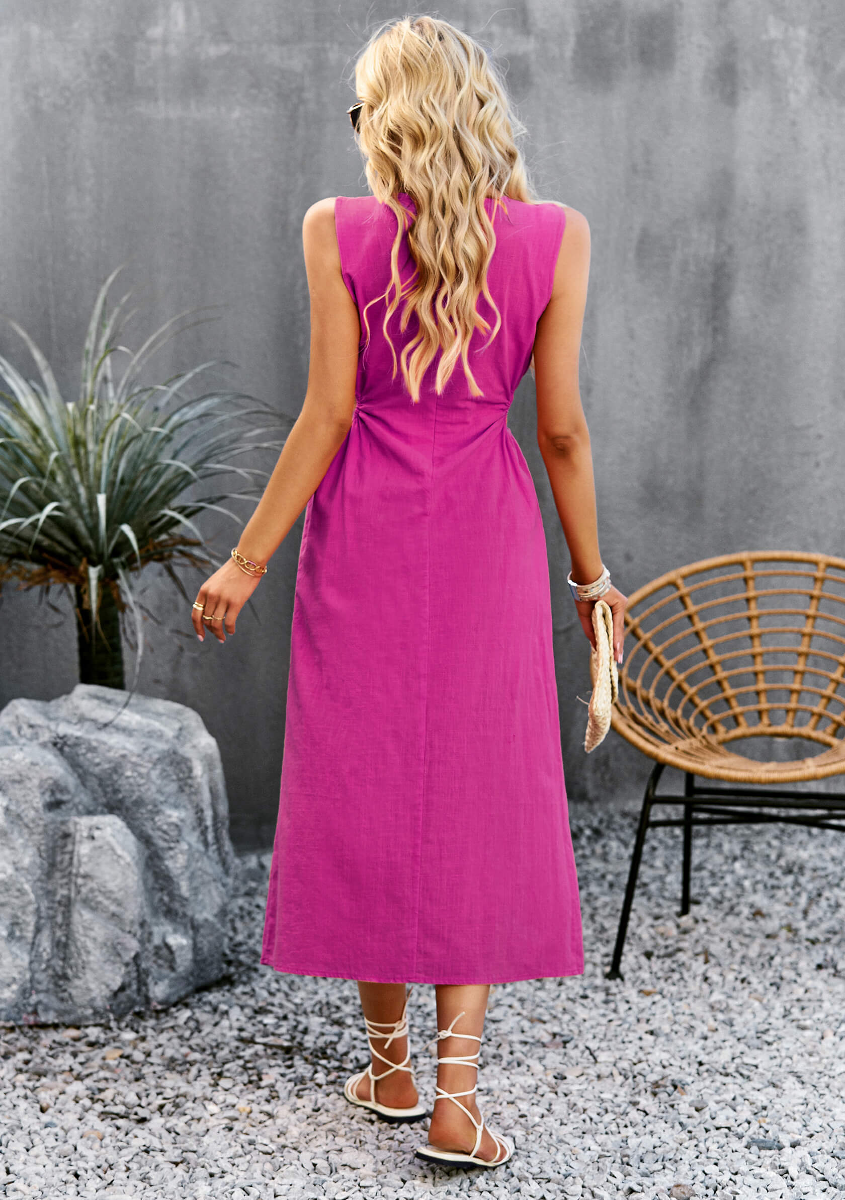 Lunch Date Sleeveless Slit Midi Dress - Magenta