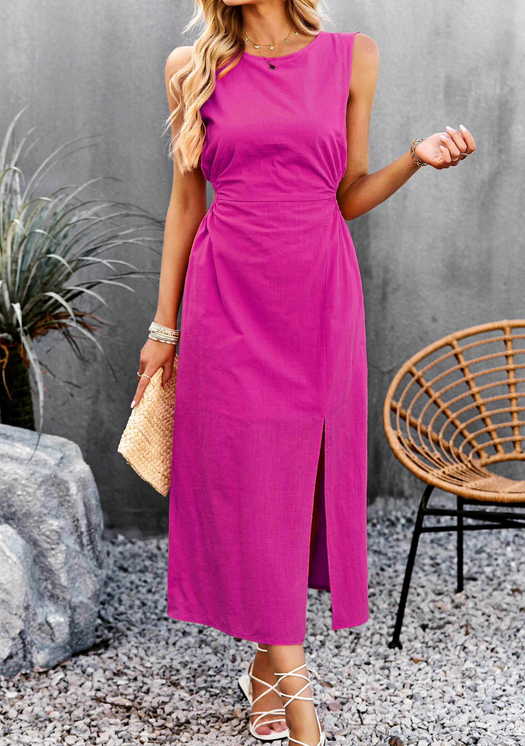 Lunch Date Sleeveless Slit Midi Dress - Magenta