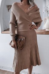 Metallic Lurex Rib Knit Off Shoulder Sweater Two Piece Midi Dress - Coffee