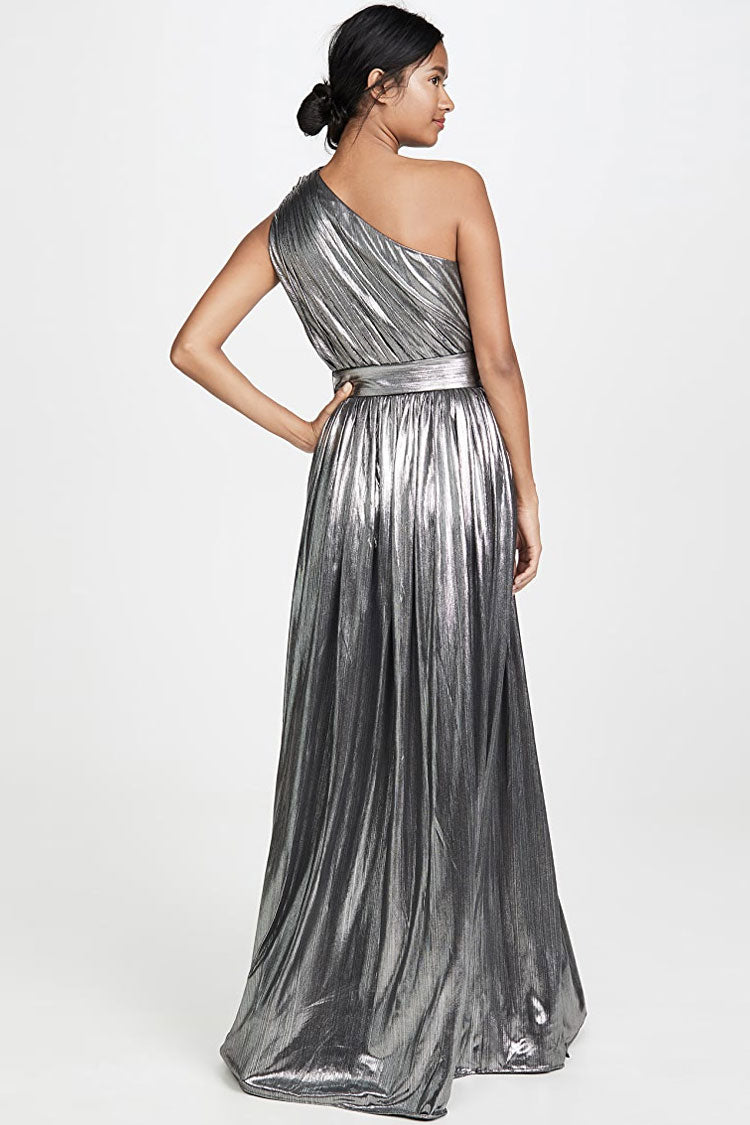 Metallic One Shoulder Cutout High Slit Maxi Evening Dress - Silver