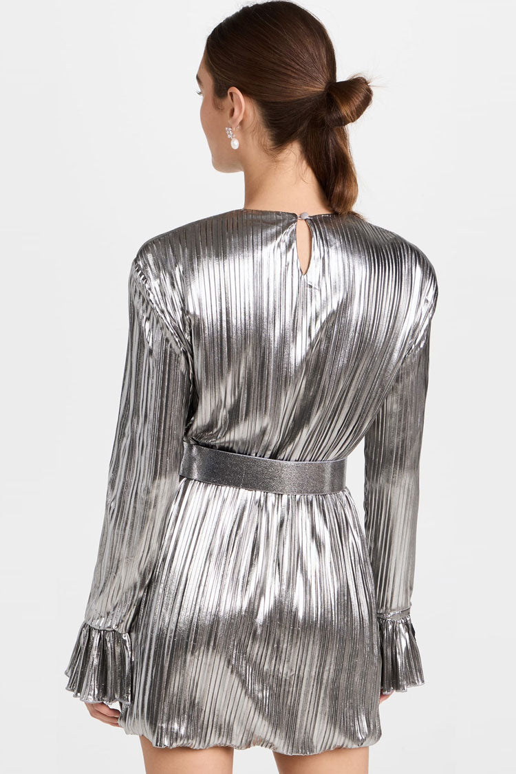 Metallic Shoulder Pad Long Sleeve Shift Pleated Mini Dress - Silver