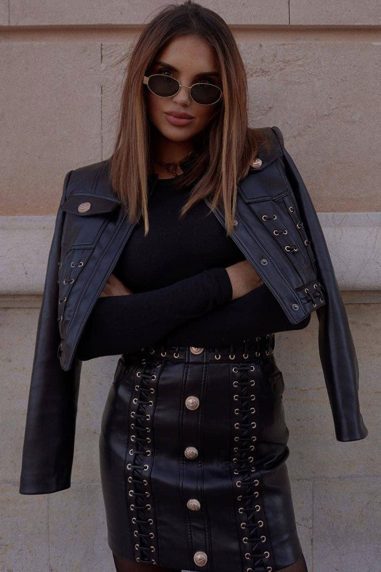 Military Eyelash Detailed Crop Vegan Leather Jacket Two Piece Mini Dress - Black